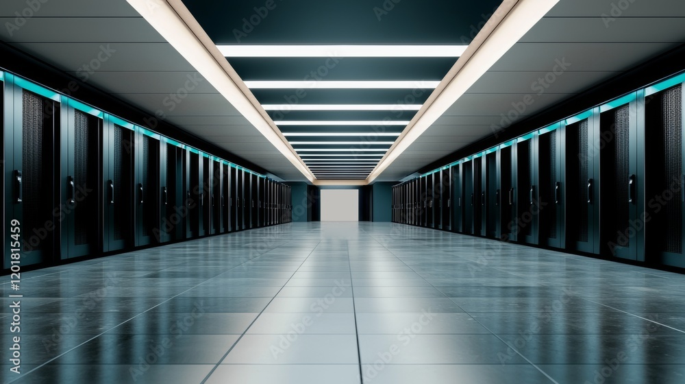 Poster large server room with rows of black and blue compute units with modern lighting configuration