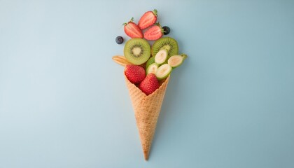  fruit in a waffle cone on pastel background, creative food concept