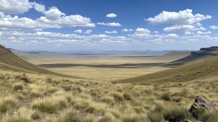Fototapeta premium An expansive grassy plain stretching into the distance under a blue sky.