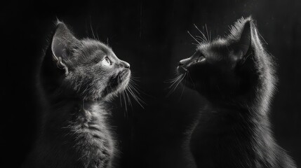 Two adorable gray cats gazing intently at each other in soft lighting, creating an enchanting atmosphere filled with curiosity and intrigue