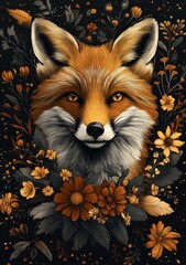 Fototapeta premium Animal Portrait Surrounded by Flowers and Foliage