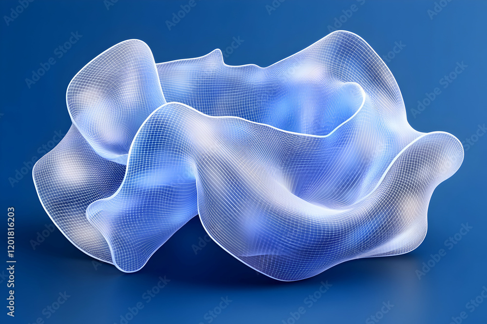Poster abstract 3d rendering of a flowing, translucent, gridded form against a deep blue background. ideal 