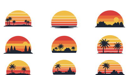 Fototapeta premium Vintage Retro Sunset Set Aesthetic Horizons with Tropical Vibes for Creative Projects timeless beauty of tropical horizons through a collection of vibrant, retro-inspired sunset illustrations. 