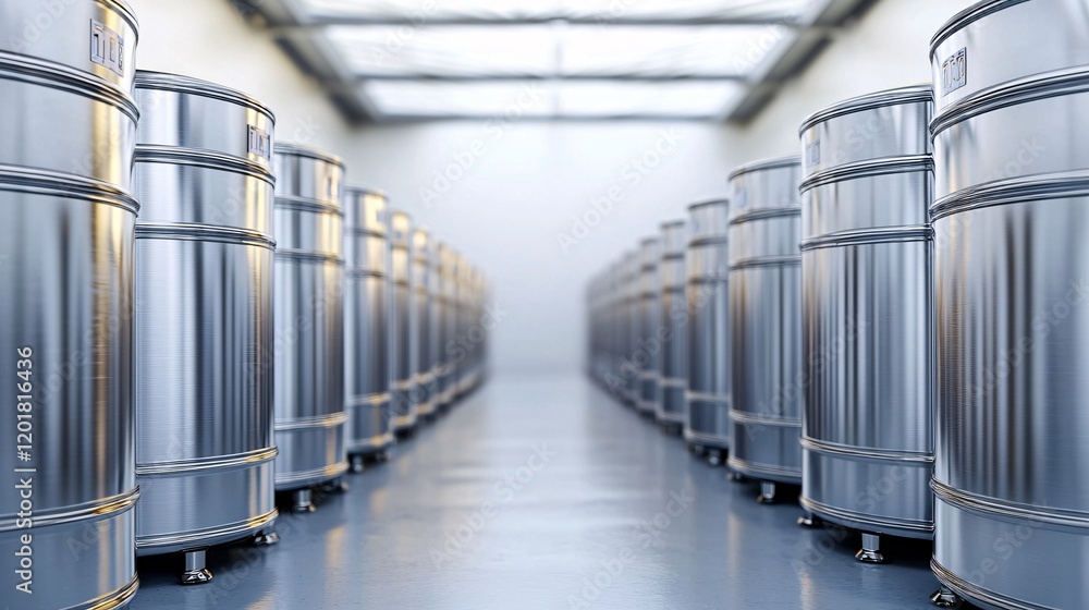 Poster a spacious warehouse featuring neatly arranged metallic barrels, creating a symmetrical and organize