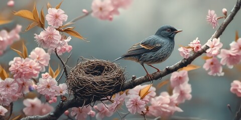 A delicate bird's nest resting among blooming cherry blossoms, representing spring's renewal and nature's tranquility. Ideal for seasonal campaigns, eco-themed designs, or wildlife projects.