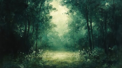Enchanting deep forest landscape with shadowy tones illuminated by a soft glow during twilight, revealing a serene path through the trees and wildflowers