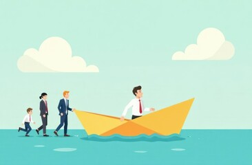 Business leadership  concept with man in paper boat followed by others. Symbol of leader, success, growth