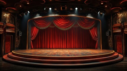 Elegant theater stage featuring rich red curtains and a dramatic spotlight, inviting the audience for an unforgettable performance amid captivating decor and ambiance