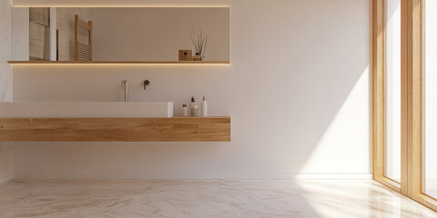 Bright and modern bathroom design featuring wooden accents and natural light