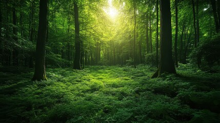 Obraz premium Deep forest green landscape with sunlight filtering through leaves and illuminating a lush carpet of ferns on the forest floor during daytime