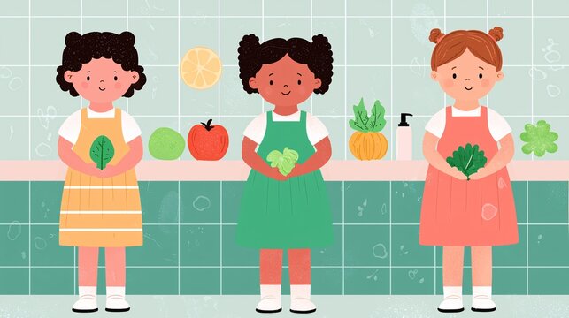 Three children in colorful aprons hold vegetables, surrounded by various fresh produce against a tiled background, promoting healthy eating and cooking.