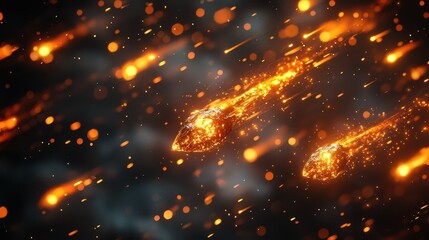 Fototapeta premium Golden meteors shimmer as they cascade through the pitch-black sky, unleashing a spectacular display of chaos and awe in this breathtaking celestial event