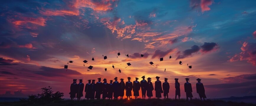 Graduates celebrate sunset, tossing caps; achievement, future - Powered by Adobe
