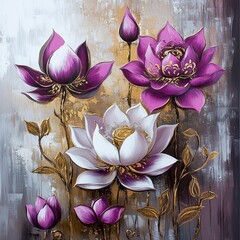 Abstract Lotuses, Roses, and Vines in Vibrant Colors with Golden Accents and Oil Painting Texture