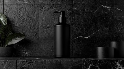 A sleek black skincare bottle is showcased on a dark marble shelf, complemented by plant and candle elements, creating a luxurious atmosphere.