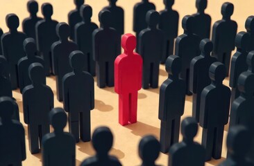 Obraz premium Unique color red human shape among dark ones. Leadership, individuality and standing out of crowd concept on black background
