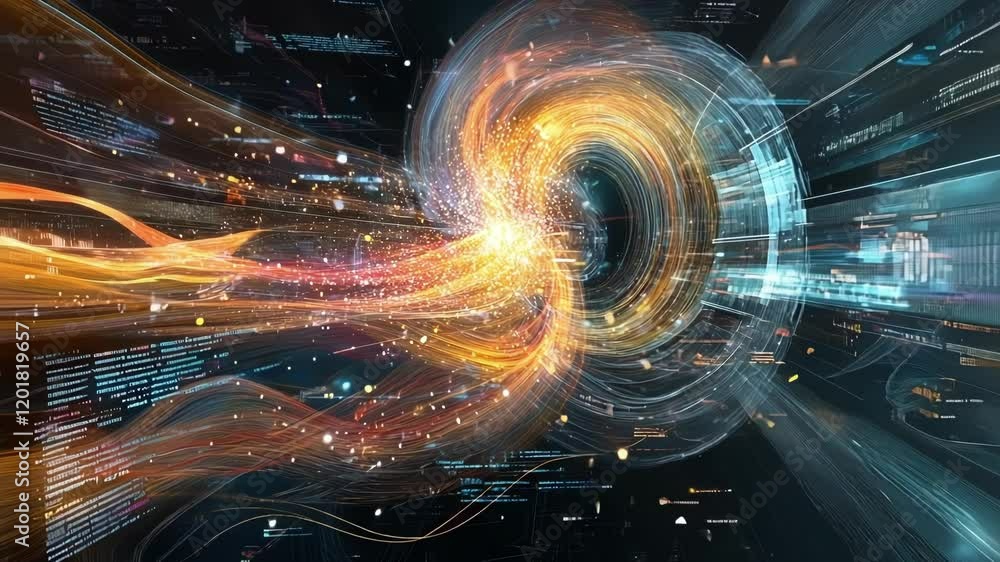 Aufkleber a detailed perspective of an ai algorithm on a computer screen surrounded by swirling data points an