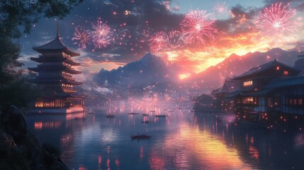 Fototapeta premium Japanese fireworks illuminate the night sky over a tranquil lake surrounded by mountains, showcasing a stunning cultural celebration at dusk