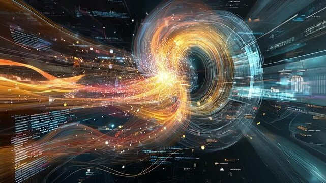 A detailed perspective of an AI algorithm on a computer screen surrounded by swirling data points and analytics that visualize its decisionmaking process.