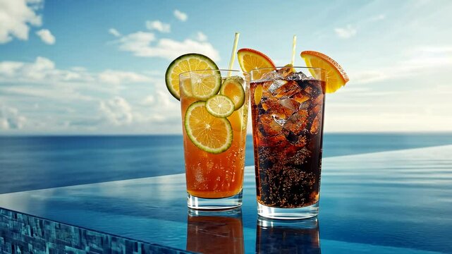 Two glasses of soft drinks on the edge of an infinity pool with a blue sky and sea in the background. One glass is filled with orange juice, while the other has a cola drink with ice cubes.