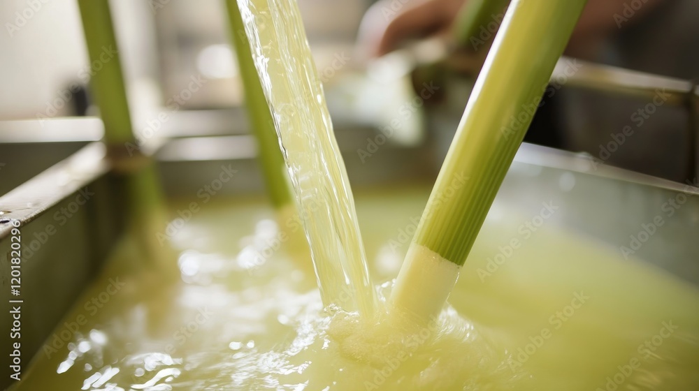 Poster a close-up of sugarcane juice flowing into a container from a mechanical press.