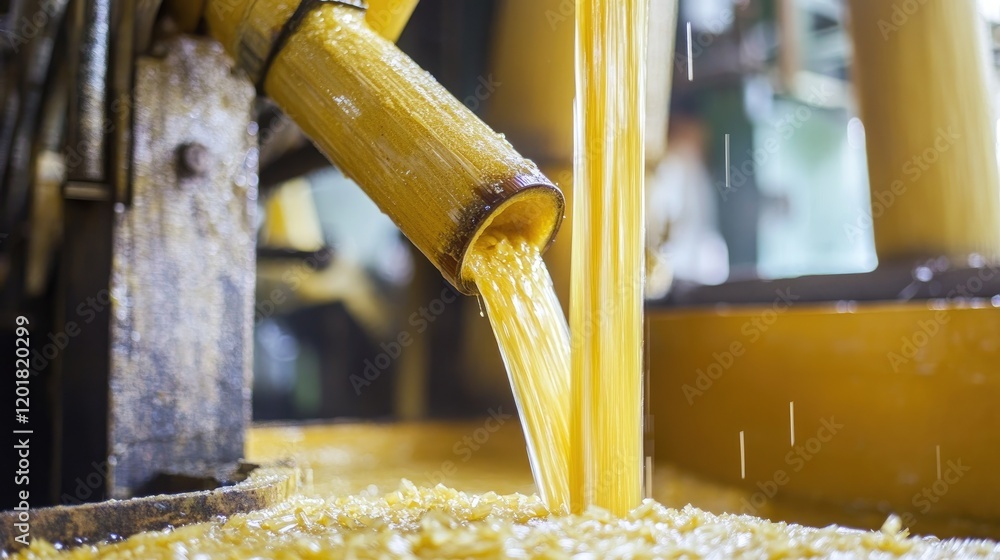 Poster a close-up of sugarcane juice flowing into a container from a mechanical press.