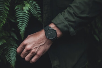 Stylish Wristwatch Complements the Rugged Outdoor Look in a Green, Serene Setting