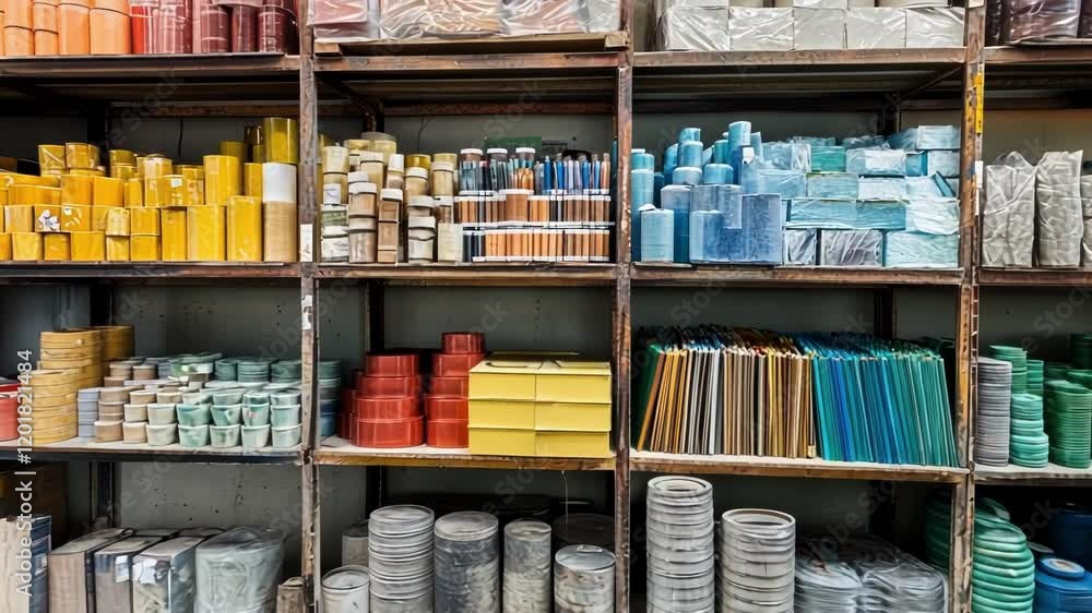 Poster a vibrant array of raw materials is organized on shelves representing a diverse inventory that can b