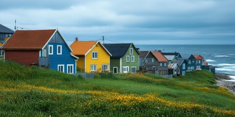 Colorful houses line a coastal village street overlooking the ocean. Perfect for travel, lifestyle, and cultural themes.