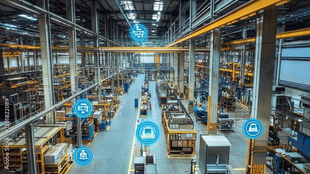 Poster a factory layout with labeled sections for predictive maintenance zones where iot devices continuous
