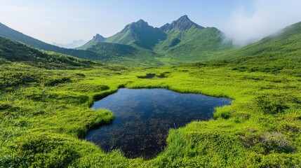 Mountain lake reflecting peaks, misty valley, tranquil landscape, nature background, travel poster