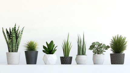 Fototapeta premium A row of minimalistic potted plants, each in different geometric pots, on a pristine white surface.