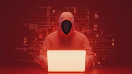A hooded figure seated before a glowing laptop, surrounded by digital security symbols against a red backdrop, evokes themes of hacking and cyber threats.