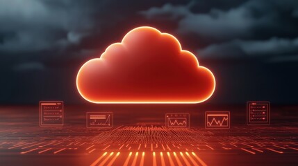 A glowing red cloud symbolizes digital storage, surrounded by data charts and graphs, representing technology and cloud computing.