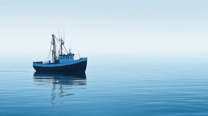 Naklejka premium A fishing boat floating peacefully in the calm waters of a summer bay.