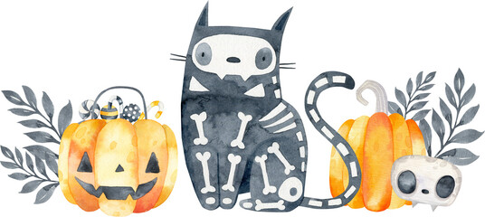 Watercolor illustration cute black cat skeleton, pumpkins and leaves, sweets, candy, cat skull. Halloween. Creepy cute animals. Trick or Treat. Fall. October. Halloween card, poster, print.