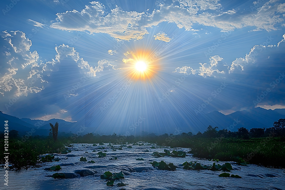 Canvas Prints bright sky with streaks of sun rays breaking through clouds, adding a divine touch