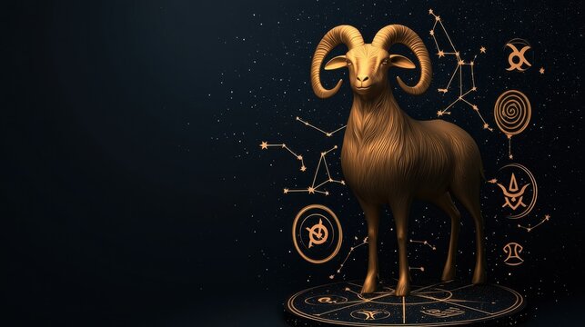 A golden ram statue surrounded by zodiac symbols and constellations, set against a dark background, representing astrology and the Aries sign. - Powered by Adobe