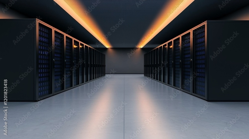 Poster in a dark modern data technology center, server racks and vfx showcase the internet of things, data 