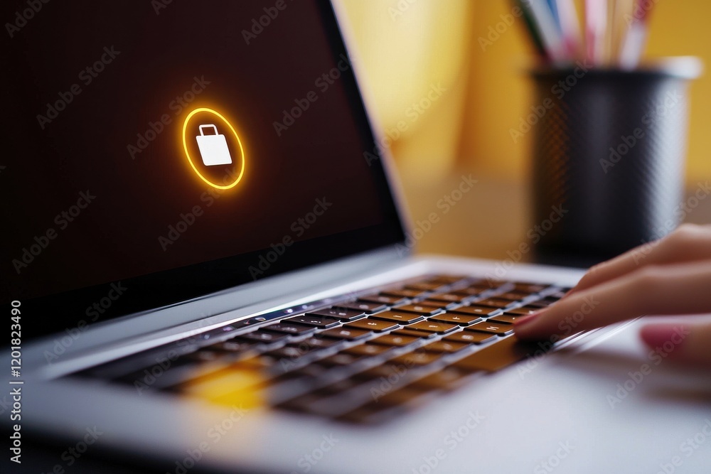 Poster a laptop screen displays a glowing lock icon, symbolizing digital security while a hand types on the