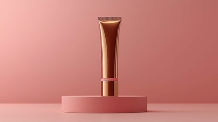 A golden cosmetic tube stands upright on a pink circular base against a soft pink backdrop, highlighting its sleek design and beauty appeal.