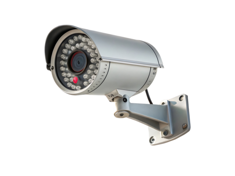 A high-resolution illustration of a modern security camera mounted on a wall bracket.