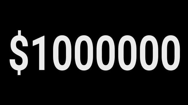 Rapid dollar number count to one million with glowing flashing effect on transparent background