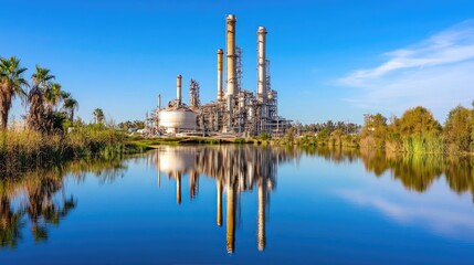 Obraz premium A large oil refinery reflected in a nearby water body under a clear blue sky.