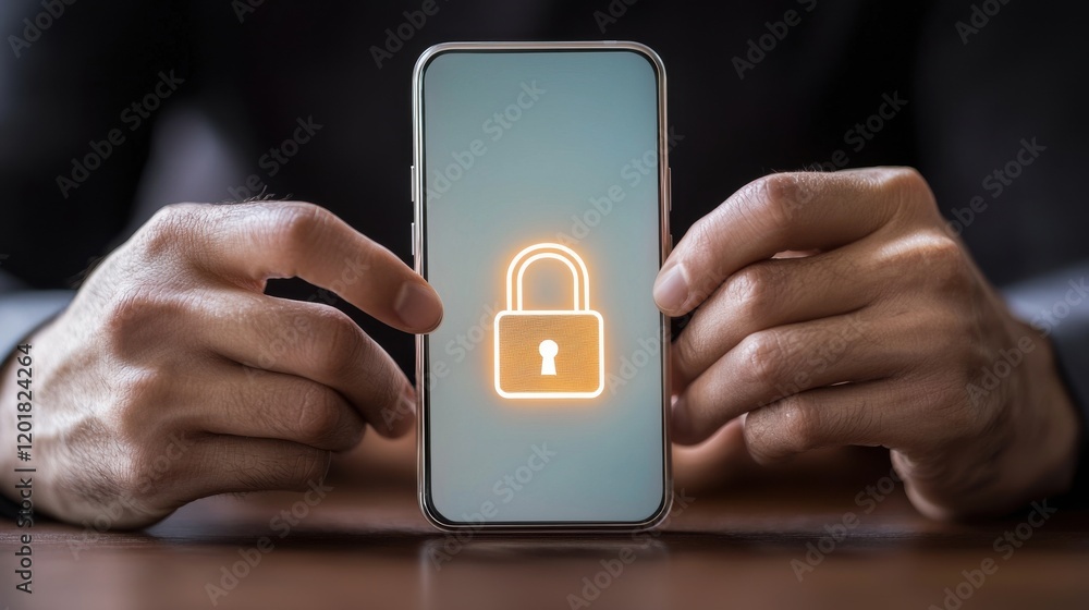Poster a person holds a smartphone displaying a padlock symbol, emphasizing security and privacy in digital