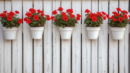 Fototapeta premium A minimalist fence with white flower pots holding vibrant red blooms.