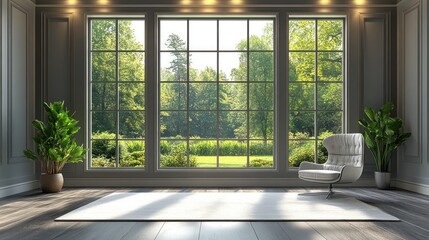 Fototapeta premium Luxurious room with large window overlooking a garden
