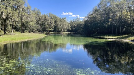 Fototapeta premium A natural pond with clear water reflecting trees and blue sky above.
