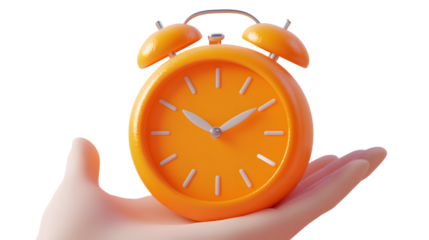 Orange Alarm Clock Held in Hand, Isolated on Transparent Background