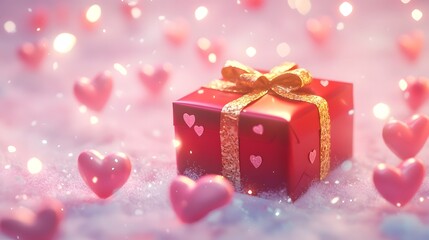 Heartwarming Red Gift Box with Golden Ribbon Surrounded by Glowing Pink Hearts